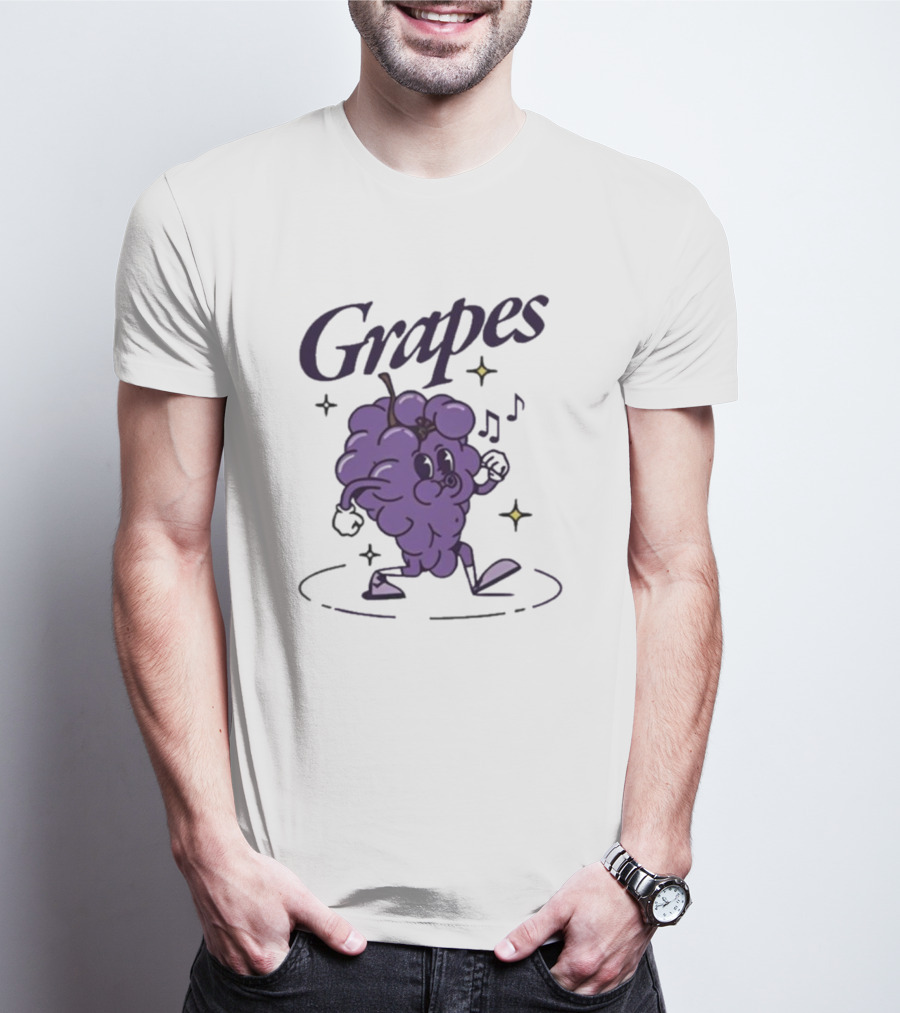 James Marriott Grapes Dancing Purple Cartoon With Musical Notes And Stars T-Shirt