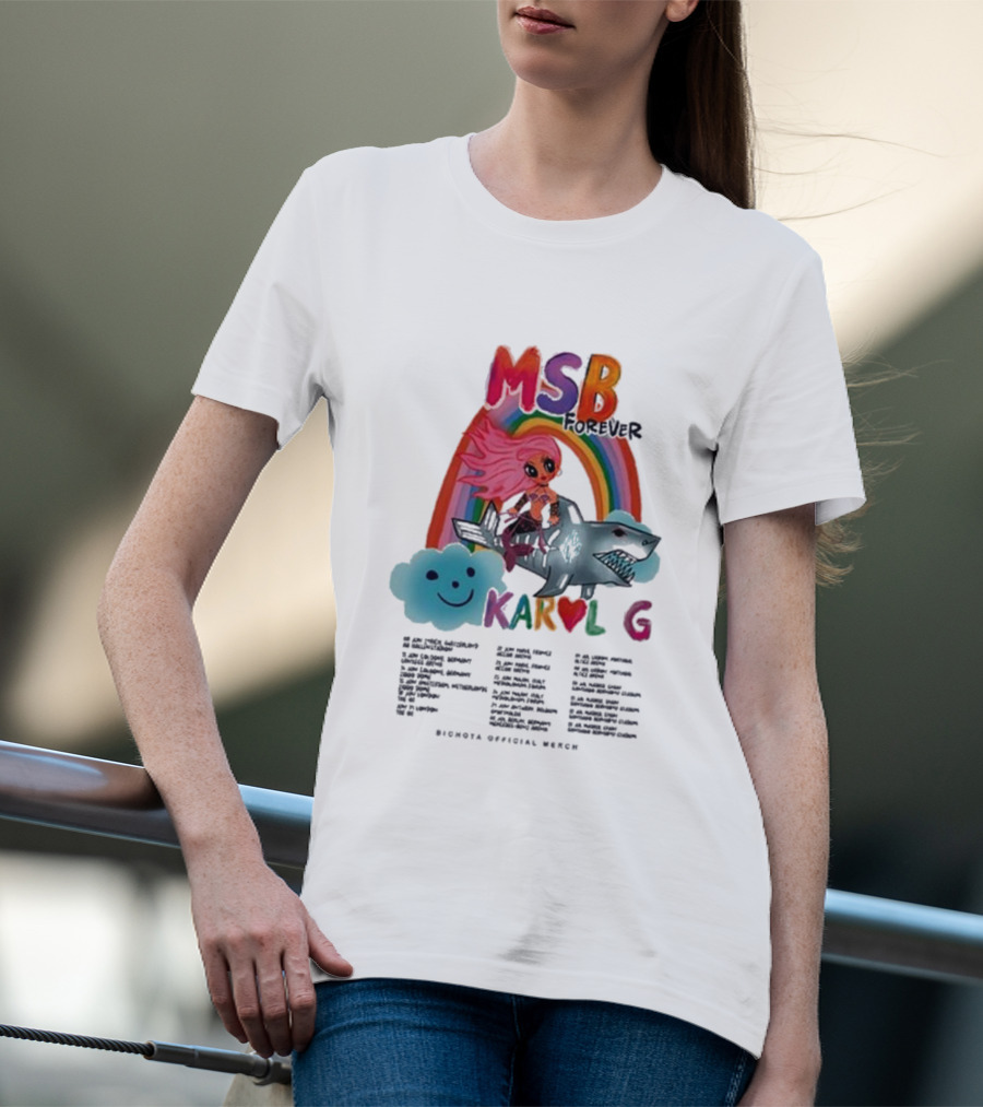 MSB Forever Tour Karol G Rainbow Shark Cloud Bichota Official Merch T-Shirt