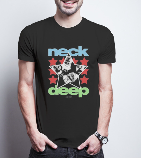 Neck Deep Blue And Green Star With Red Stars And Faces T-Shirt