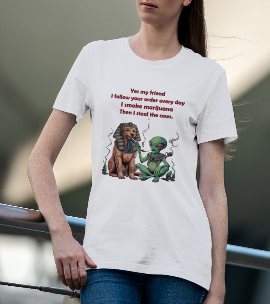 Yes My Friend I Follow Your Order Every Day I Smoke Marijuana Then I Steal The Cows Alien With Sphinx Smoking T-Shirt