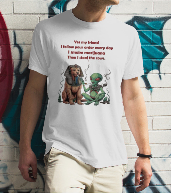 Yes My Friend I Follow Your Order Every Day I Smoke Marijuana Then I Steal The Cows Alien With Sphinx Smoking T-Shirt