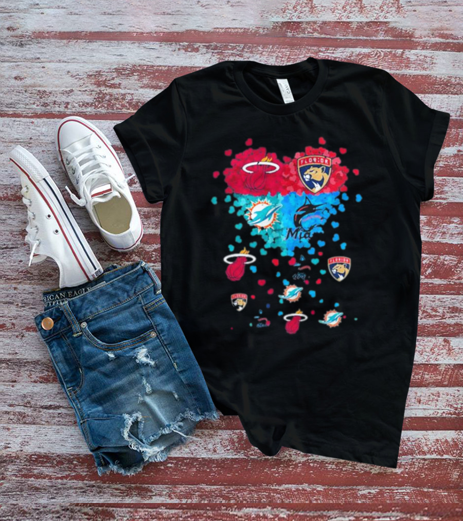Miami Dolphins Miami Heat Florida Panthers Mashup Hearts T-Shirt