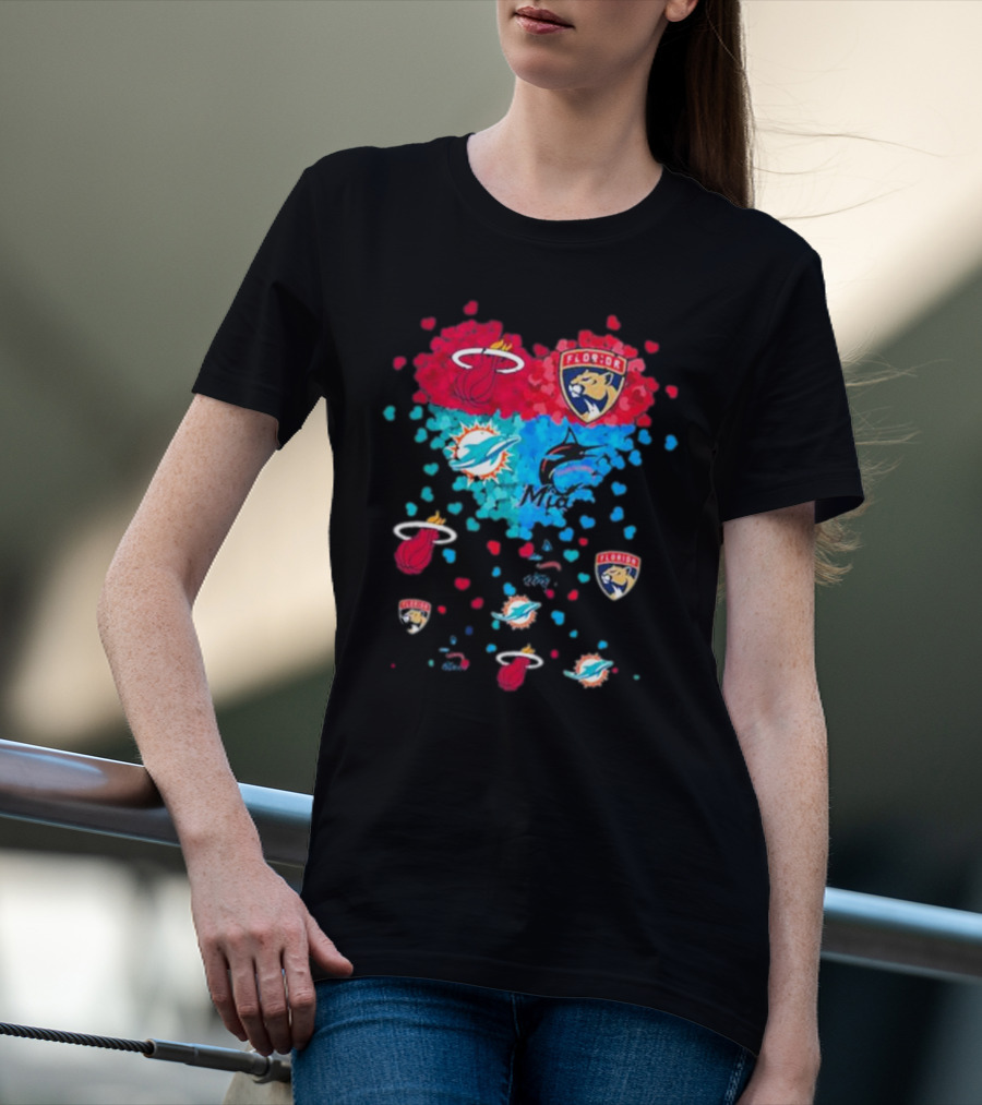 Miami Dolphins Miami Heat Florida Panthers Mashup Hearts T-Shirt