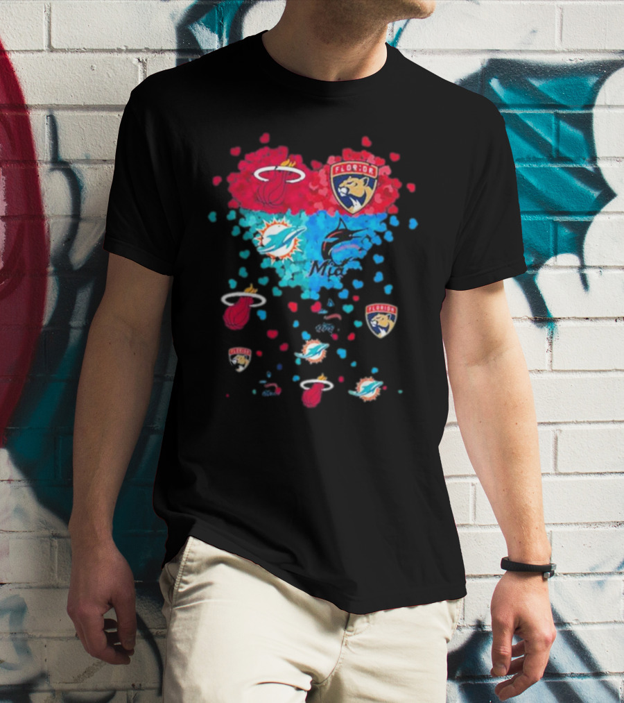 Miami Dolphins Miami Heat Florida Panthers Mashup Hearts T-Shirt