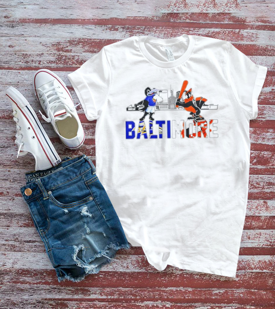 Baltimore Ravens And Orioles Mascot Skyline T-Shirt
