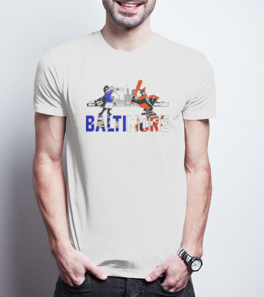 Baltimore Ravens And Orioles Mascot Skyline T-Shirt
