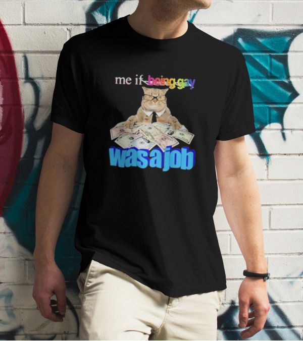 Cat With Money And Rainbow Text Me If Being Gay Was A Job T-Shirt