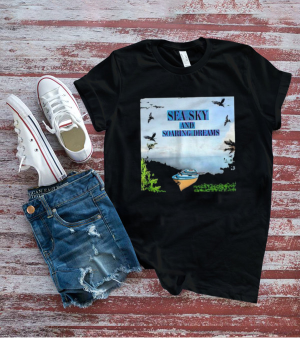 SEA SKY AND SOARING DREAMS WITH BIRDS AND BOAT IN NATURE SCENE T-Shirt