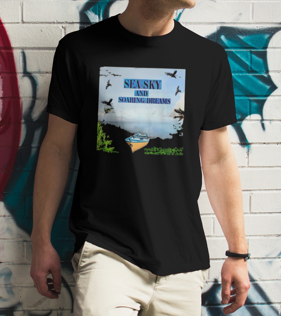 SEA SKY AND SOARING DREAMS WITH BIRDS AND BOAT IN NATURE SCENE T-Shirt