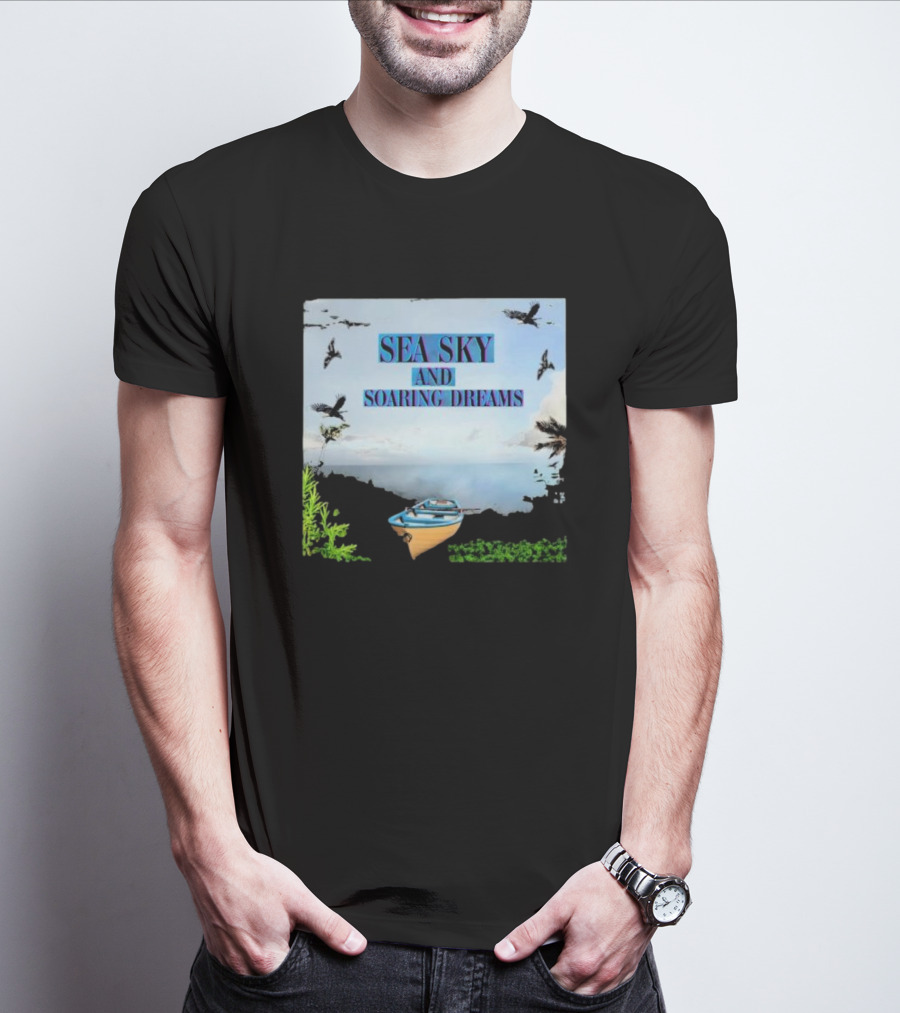 SEA SKY AND SOARING DREAMS WITH BIRDS AND BOAT IN NATURE SCENE T-Shirt