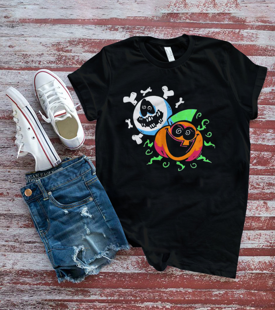 Spooky Month Colorful Cartoon Ghosts And Pumpkins With Bones T-Shirt