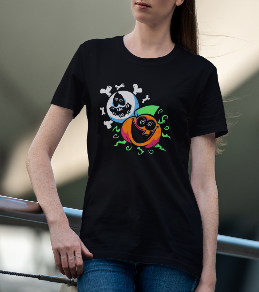 Spooky Month Colorful Cartoon Ghosts And Pumpkins With Bones T-Shirt
