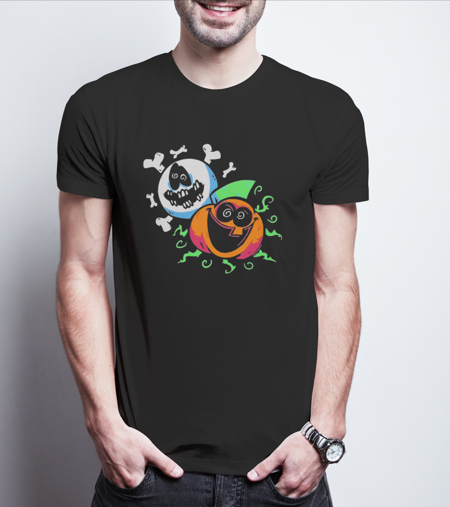Spooky Month Colorful Cartoon Ghosts And Pumpkins With Bones T-Shirt