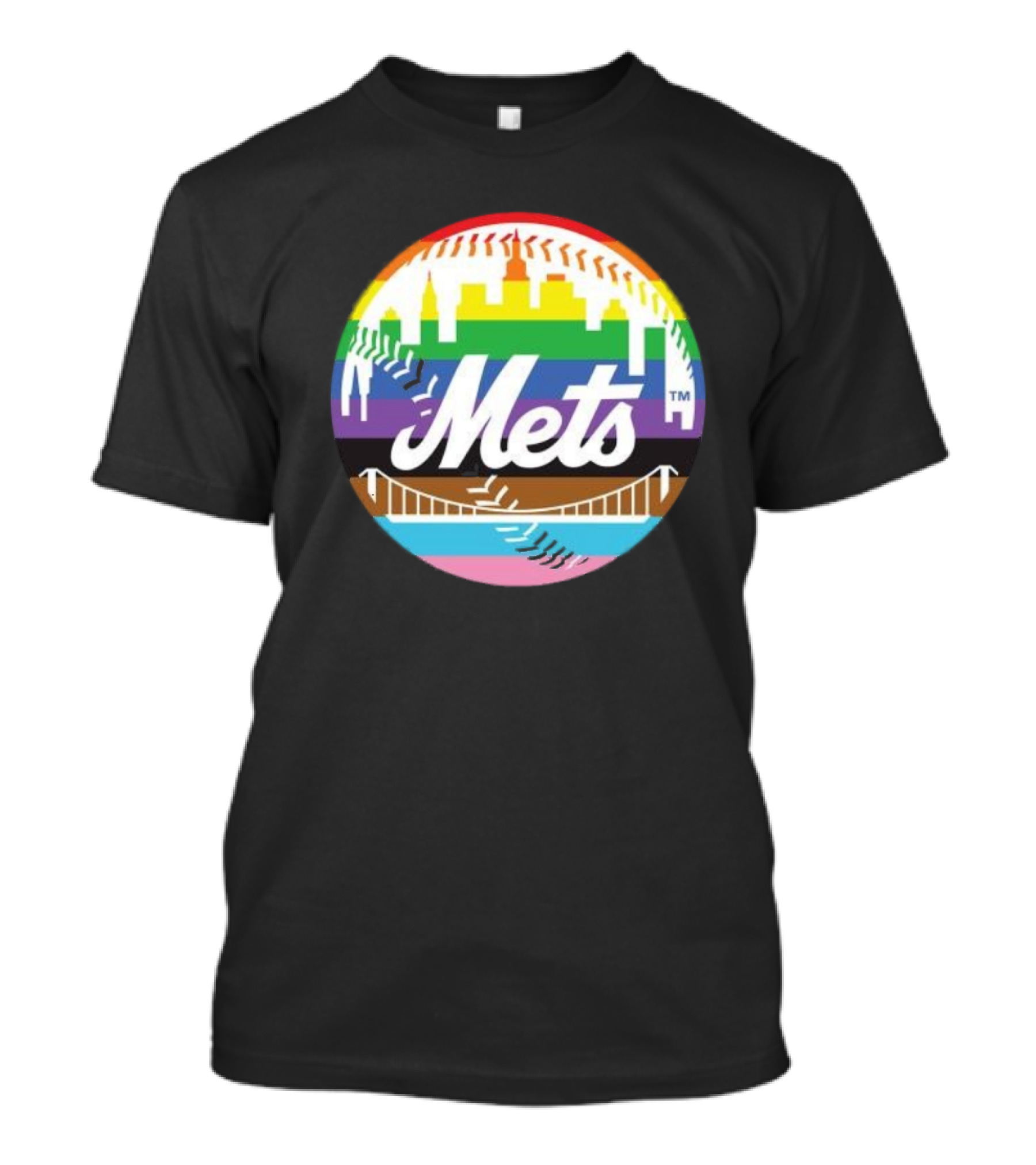 New York Mets Pride Month 2024 Rainbow Skyline Baseball T-Shirt