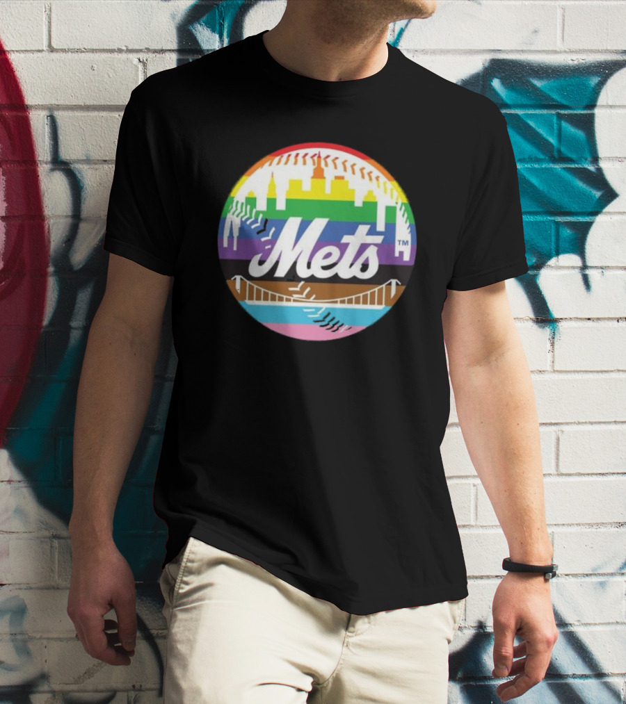 New York Mets Pride Month 2024 Rainbow Skyline Baseball T-Shirt