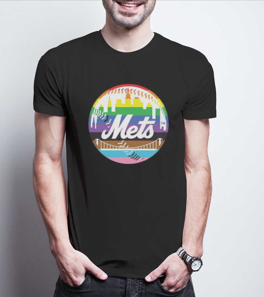 New York Mets Pride Month 2024 Rainbow Skyline Baseball T-Shirt