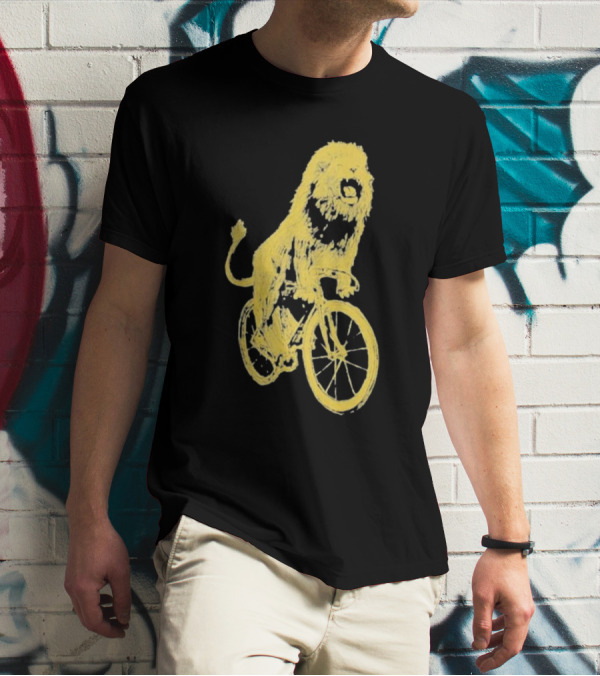 Lion Riding Bicycle Sketch Yellow T-Shirt