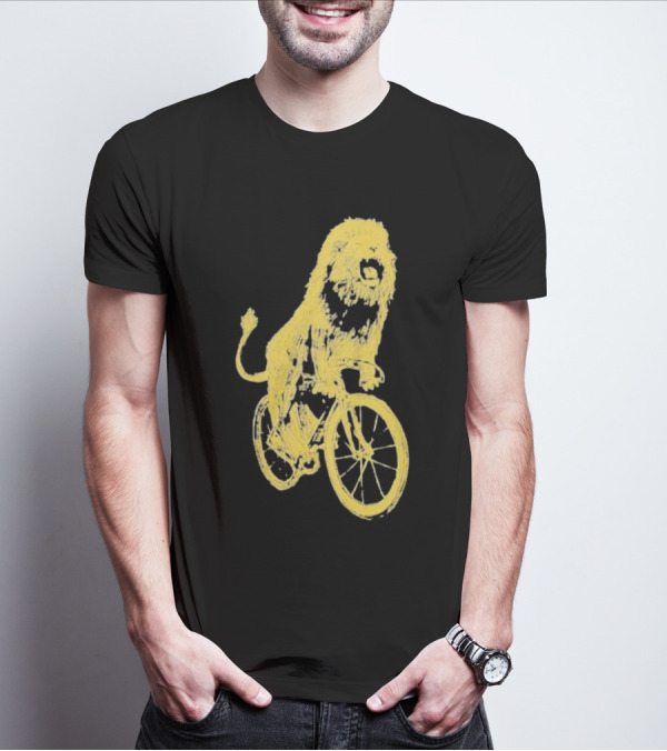 Lion Riding Bicycle Sketch Yellow T-Shirt