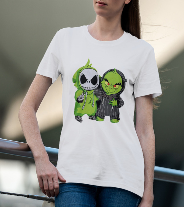 Baby Jack Skellington And Grinch In Green Hoodies T-Shirt