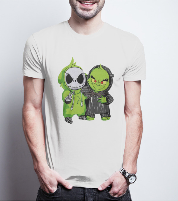 Baby Jack Skellington And Grinch In Green Hoodies T-Shirt