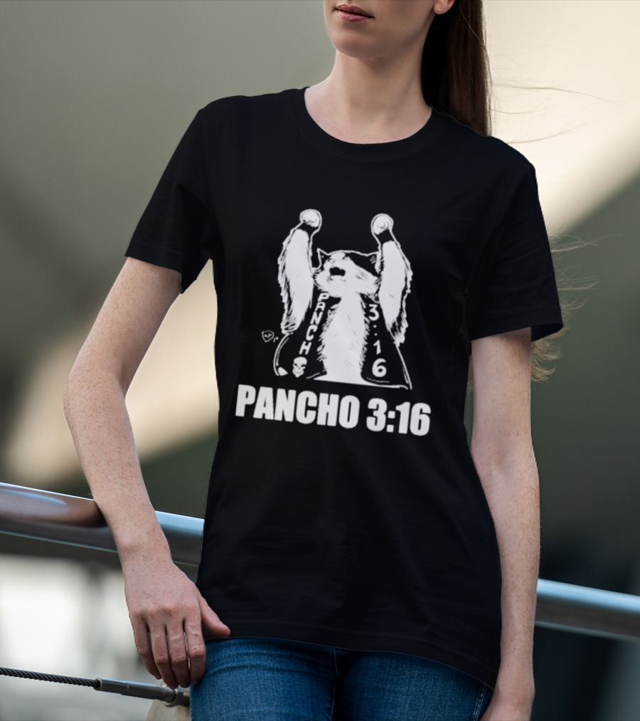 Pancho 3:16 Cat Illustration With Skull Motif And Raised Paws T-Shirt