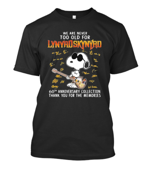 We Are Never Too Old For Lynyrd Skynyrd 60th Anniversary Collection Thank You For The Memories Snoopy Signatures T-Shirt