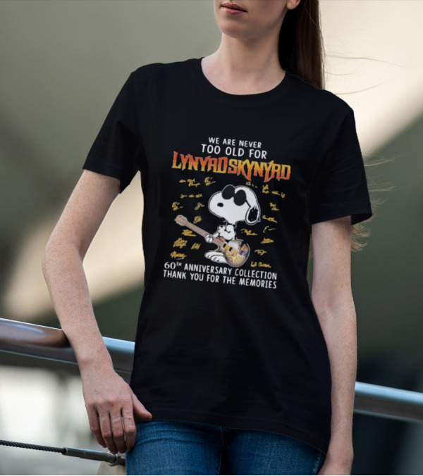 We Are Never Too Old For Lynyrd Skynyrd 60th Anniversary Collection Thank You For The Memories Snoopy Signatures T-Shirt