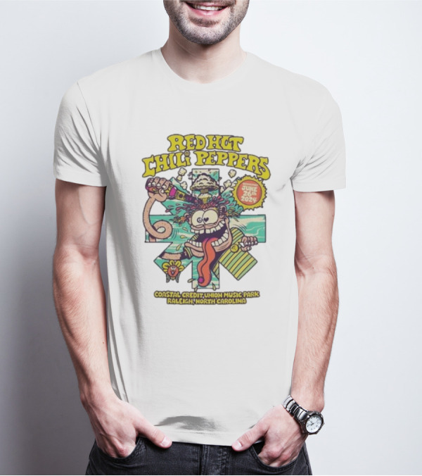 Red Hot Chili Peppers June 26 2024 Coastal Credit Union Music Park Raleigh North Carolina Colorful Cartoon T-Shirt