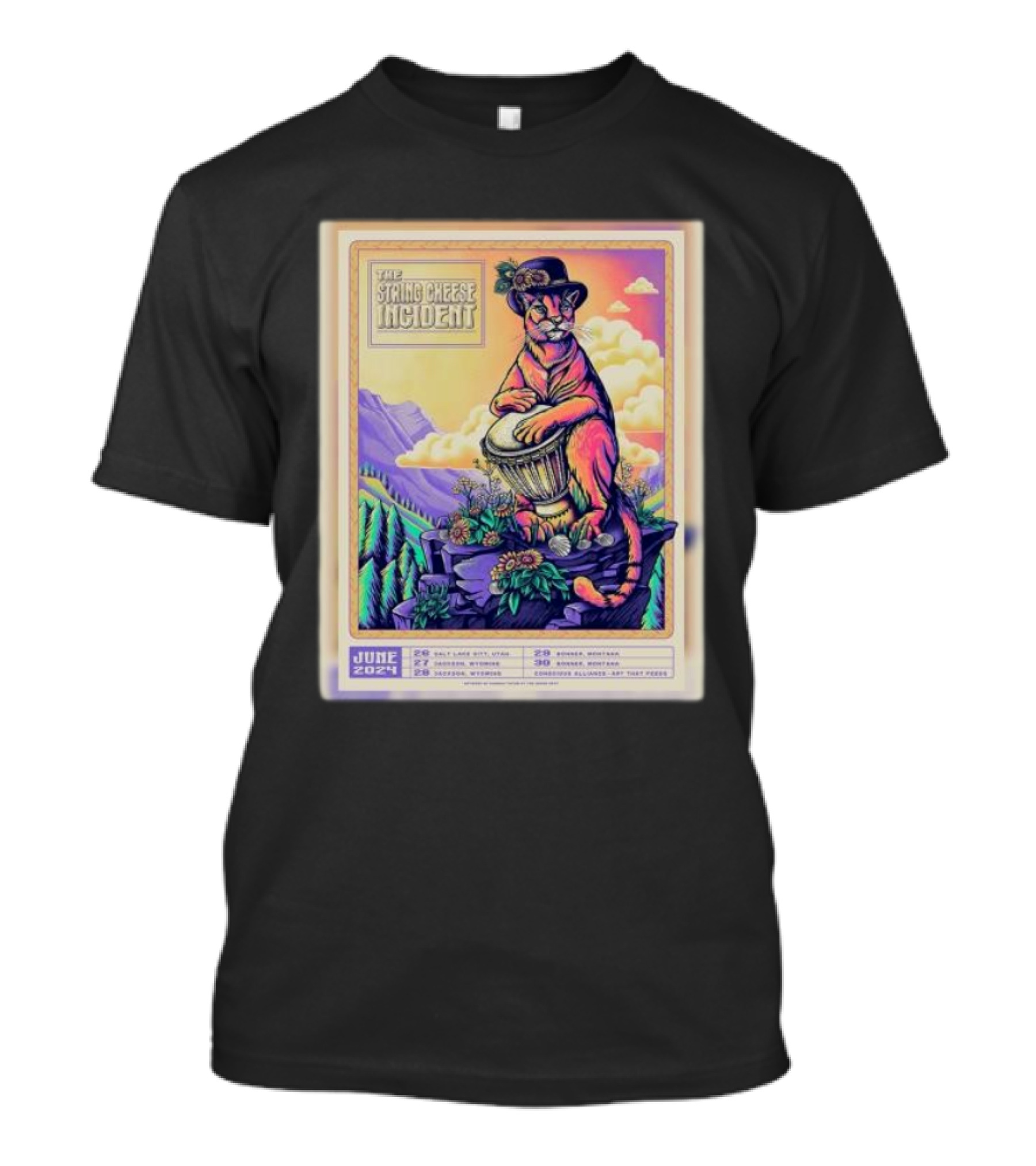 The String Cheese Incident June 2024 Tour Dates Cougar On Drum Scenic Mountain Background T-Shirt