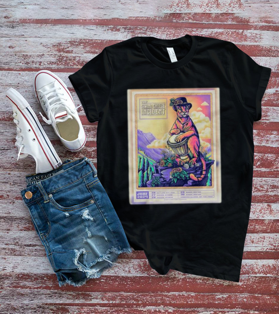 The String Cheese Incident June 2024 Tour Dates Cougar On Drum Scenic Mountain Background T-Shirt