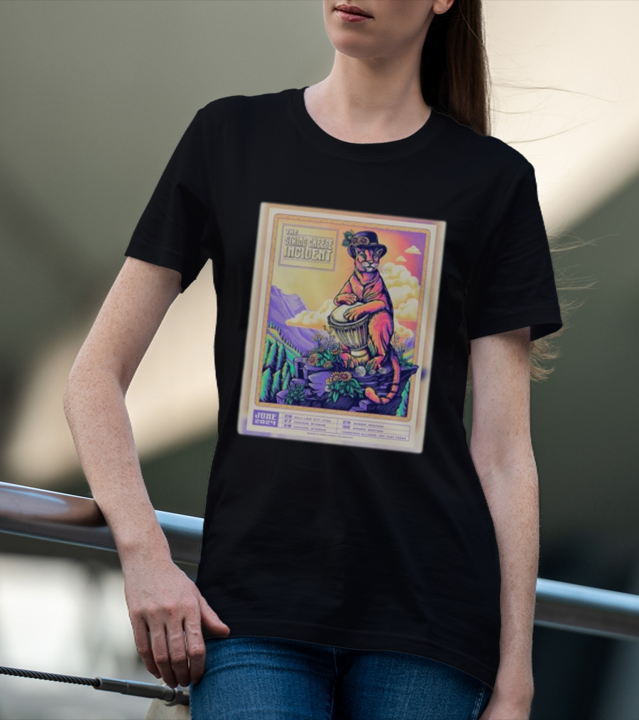 The String Cheese Incident June 2024 Tour Dates Cougar On Drum Scenic Mountain Background T-Shirt