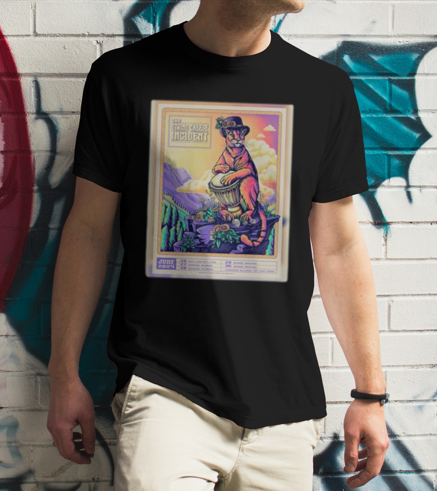 The String Cheese Incident June 2024 Tour Dates Cougar On Drum Scenic Mountain Background T-Shirt