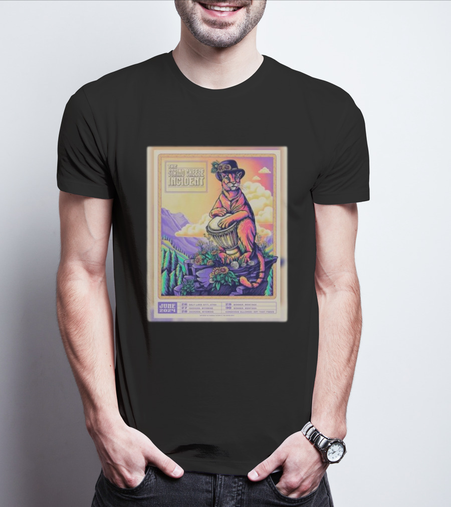 The String Cheese Incident June 2024 Tour Dates Cougar On Drum Scenic Mountain Background T-Shirt