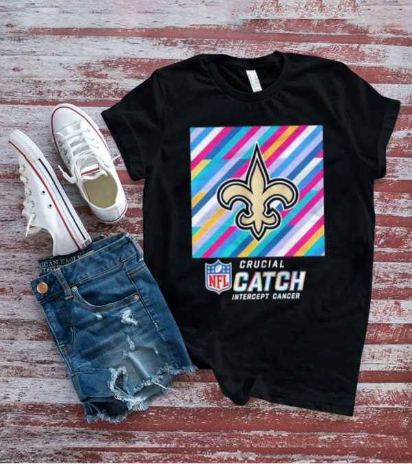 New Orleans Saints Crucial Catch Intercept Cancer NFL 2024 Fleur-de-Lis Icon And Bold Stripes T-Shirt