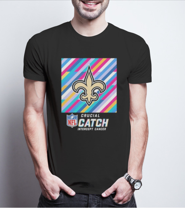 New Orleans Saints Crucial Catch Intercept Cancer NFL 2024 Fleur-de-Lis Icon And Bold Stripes T-Shirt