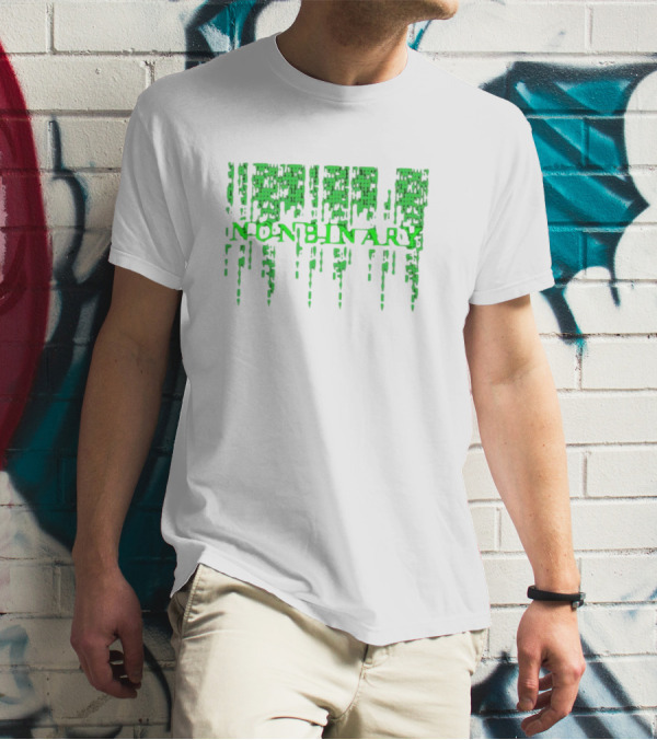 Non Binary Code Matrix-Inspired Green Text T-Shirt