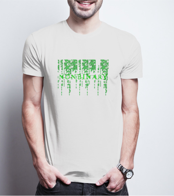 Non Binary Code Matrix-Inspired Green Text T-Shirt