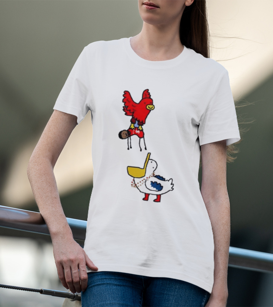 Atlanta Hawks Trade Dejounte Murray Featuring Cartoon Red Hawk Flying Over Pelican T-Shirt