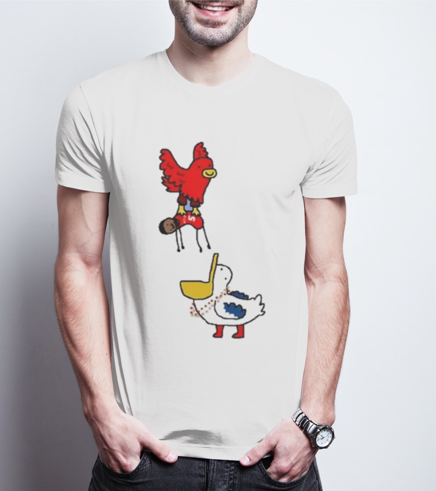 Atlanta Hawks Trade Dejounte Murray Featuring Cartoon Red Hawk Flying Over Pelican T-Shirt