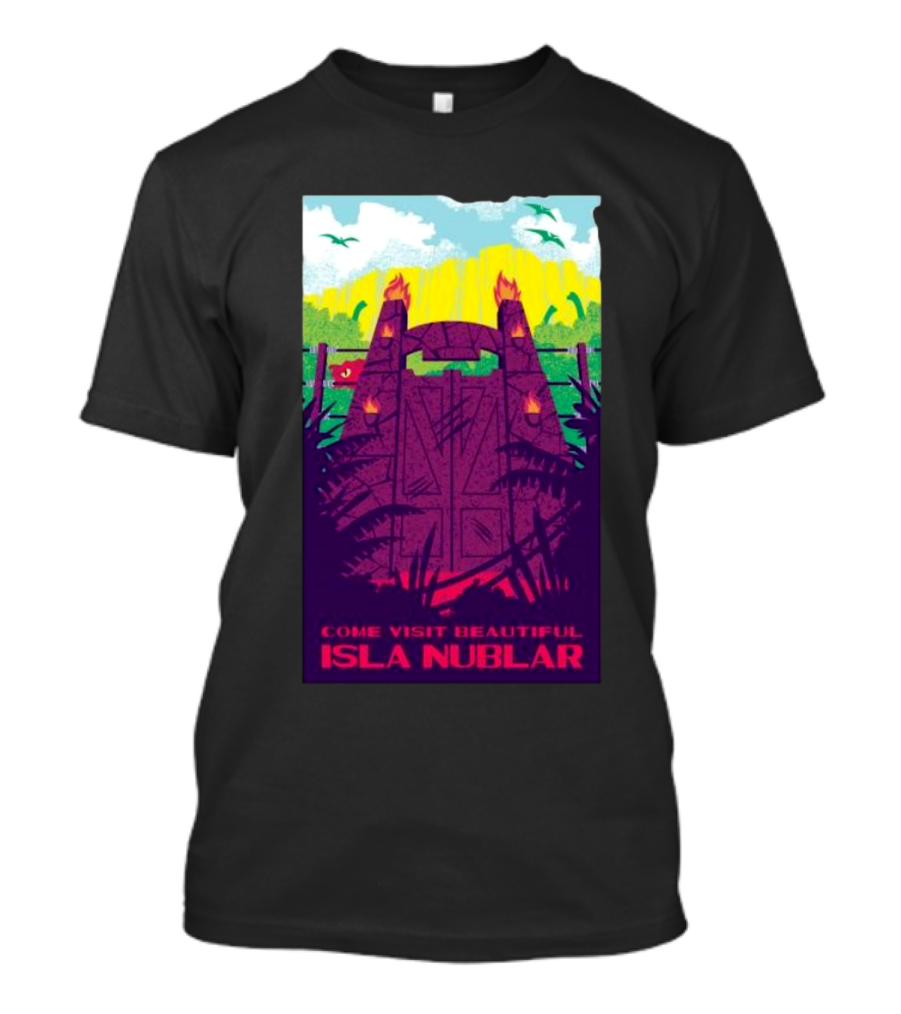 Come Visit Beautiful Isla Nublar Jurassic Park Gate Scene Vibrant T-Shirt