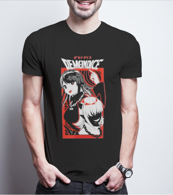 DEMONDICE Anime Style Red And White Character Design Chains T-Shirt