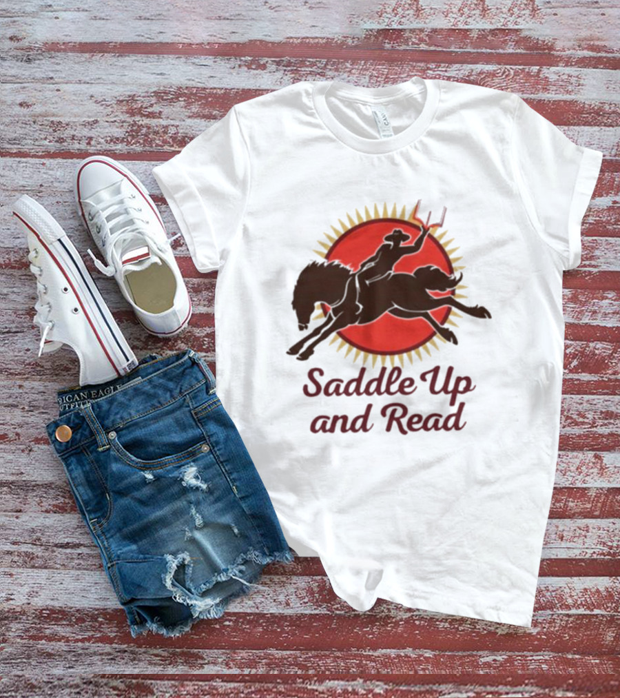Saddle Up And Read Horseback Silhouette Against Sunburst T-Shirt