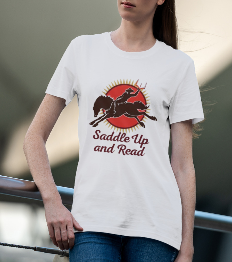 Saddle Up And Read Horseback Silhouette Against Sunburst T-Shirt