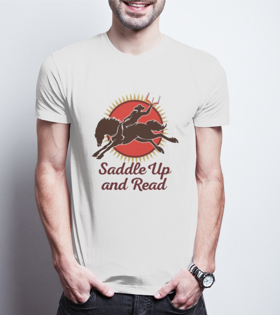 Saddle Up And Read Horseback Silhouette Against Sunburst T-Shirt