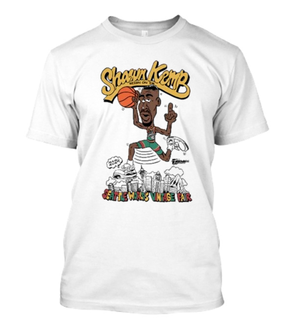Shawn Kemp 2024 Seattle World's Vintage Fair Basketball Dunking Skyline Caricature T-Shirt