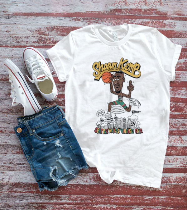 Shawn Kemp 2024 Seattle World's Vintage Fair Basketball Dunking Skyline Caricature T-Shirt
