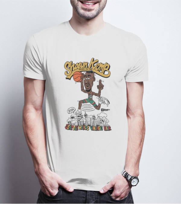 Shawn Kemp 2024 Seattle World's Vintage Fair Basketball Dunking Skyline Caricature T-Shirt