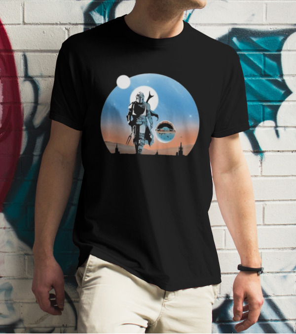 Protect The Child Star War Walking Mandalorian Sunset Adventure T-Shirt