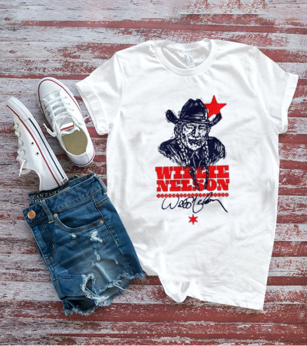 Willie Nelson Woodcut Cowboy Hat Red Star T-Shirt