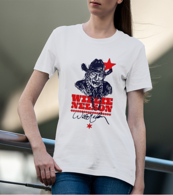 Willie Nelson Woodcut Cowboy Hat Red Star T-Shirt